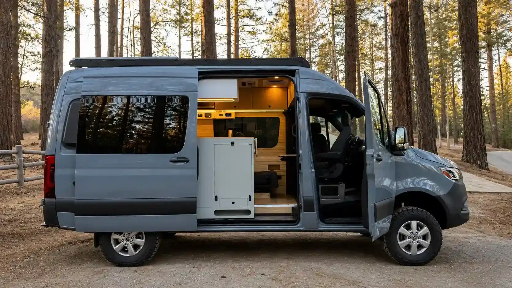 A converted camper van in a scenic location